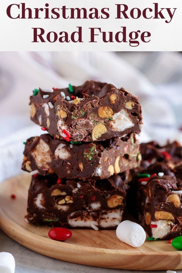 A large picture of the rocky road fudge cut into squares for serving.
