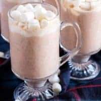 4 mugs of instant pot hot cocoa topped with marshmallows.