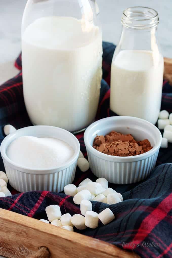 Milk, heavy cream, cocoa powder, and sugar used for instant pot hot cocoa.