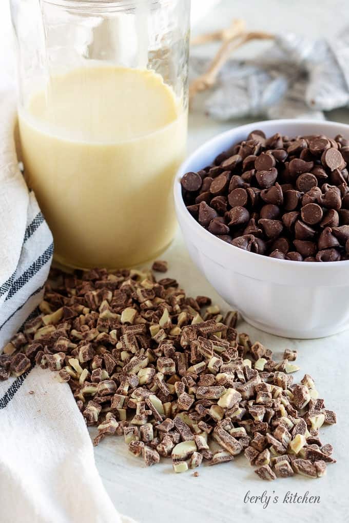 Recipe ingredients like chopped mints and chocolate chips prepped for the recipe.