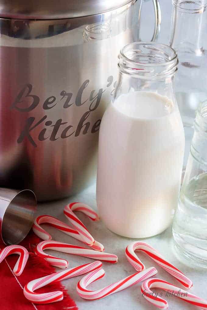 The peppermint martini ingredients like half and half and peppermint vodka.