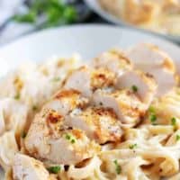 A close-up view of the finished chicken alfredo and pasta.