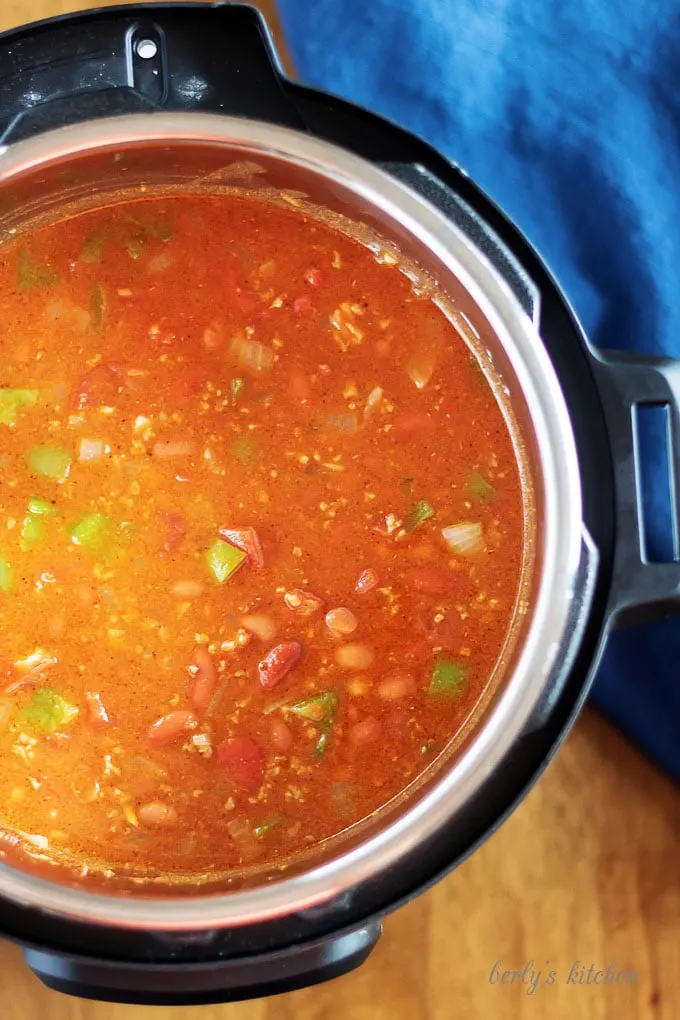 An aerial view of the cooked chili in your pressure cooker.