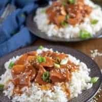 The honey garlic chicken, over rice, garnished with sliced green onions.