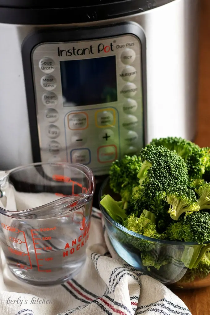 The steamed broccoli recipe ingredients like water and fresh broccoli.