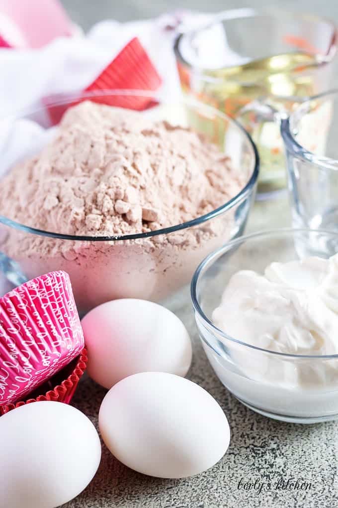 The cake mix, cream cheese, and other ingredients for the recipe.