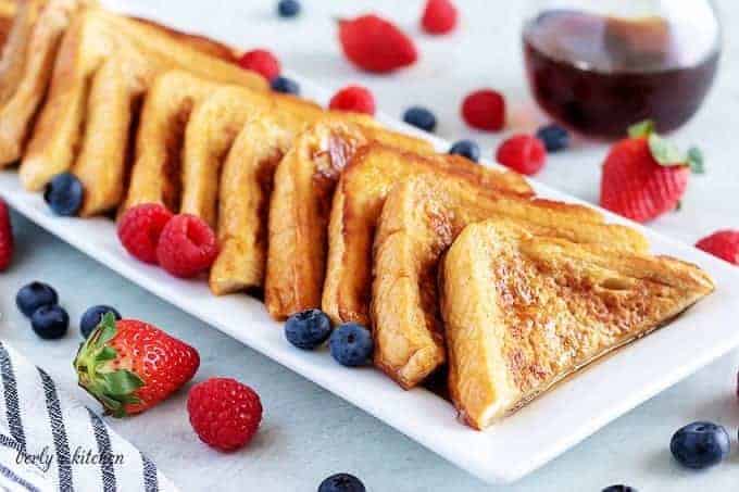 Easy cinnamon french toast on a white platter.