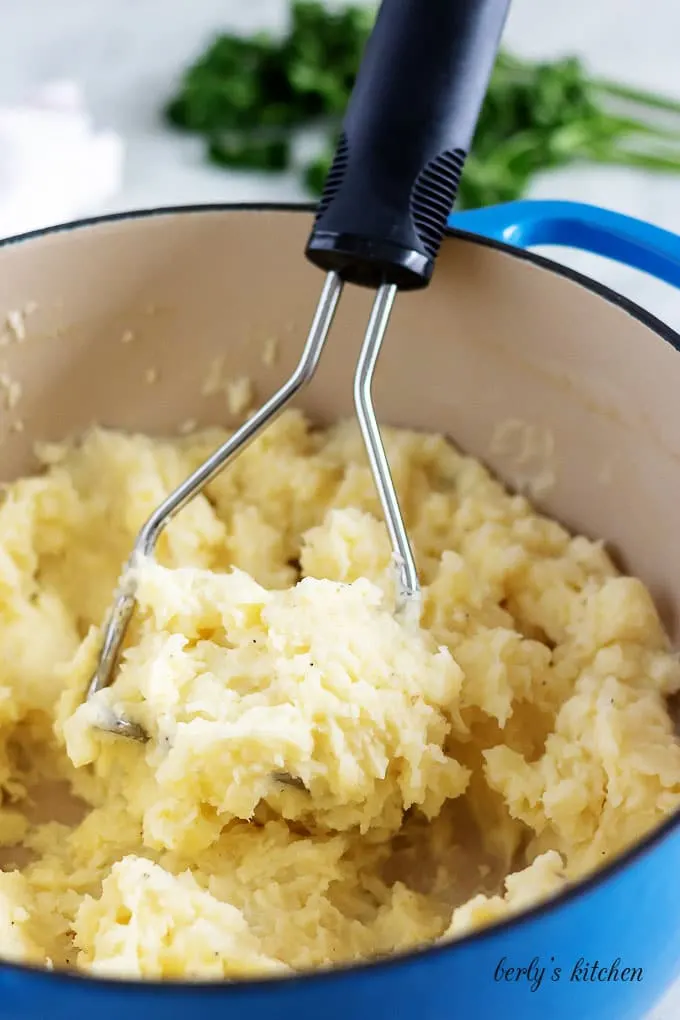 Cooked potatoes and garlic being mashed with the butter and cream mixture.