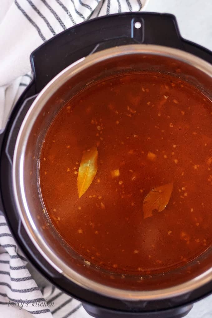 Top down view of unstuffed cabbage rolls mixture in the instant pot.