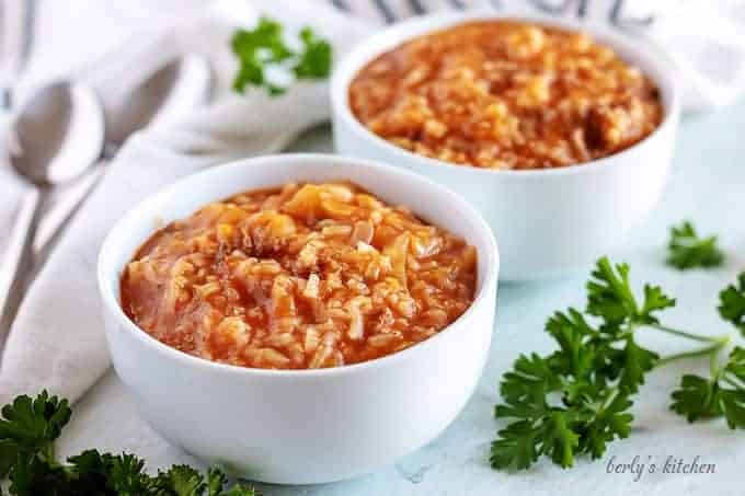 Instant pot unstuffed cabbage rolls in white bowls.