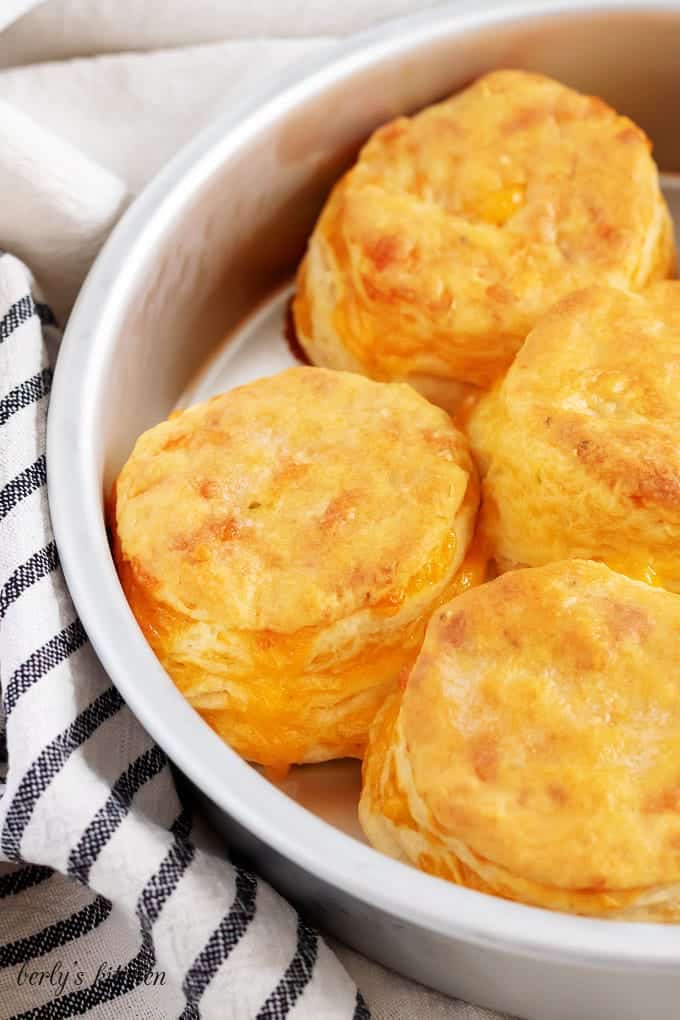The cheesy jalapeno biscuits have baked to a perfect golden brown.