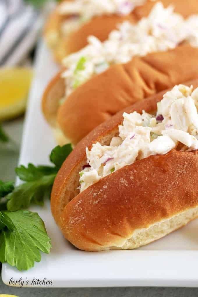 A close-up view of the crab roll, showing the crab meat.