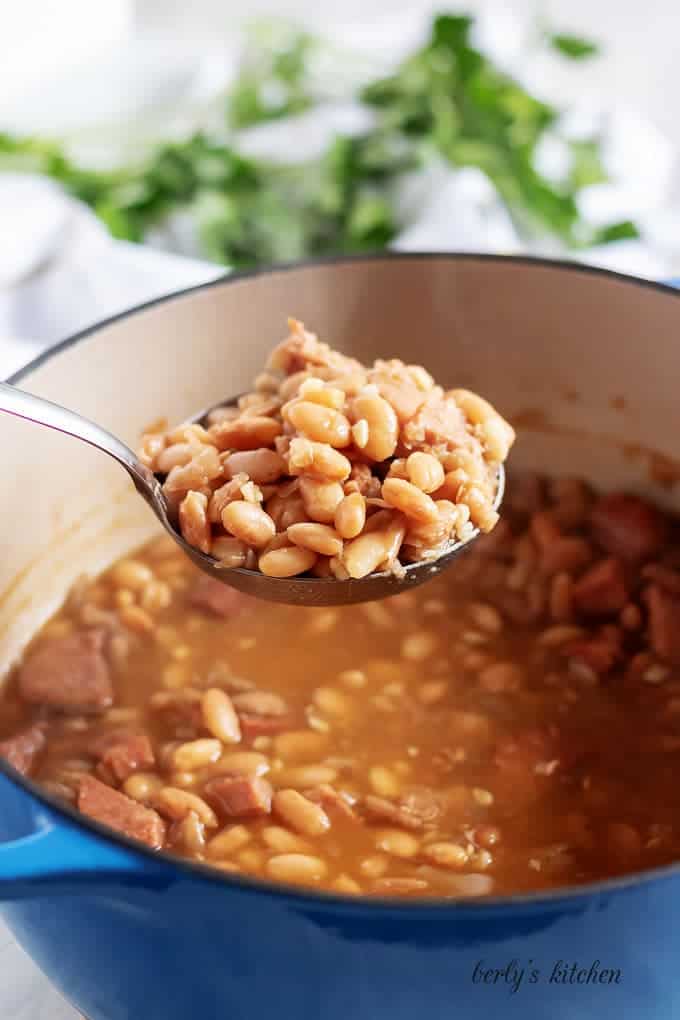 A big scoop of beans being lifted from the pot.