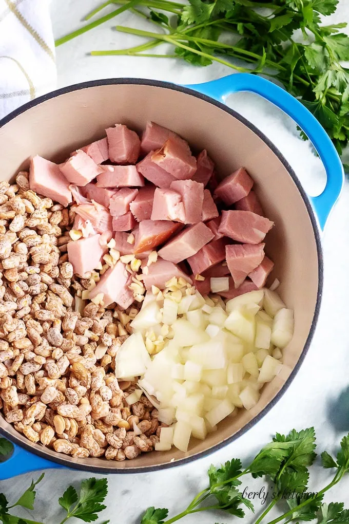 Top-down view of the ham, beans, and onions, in the pot.