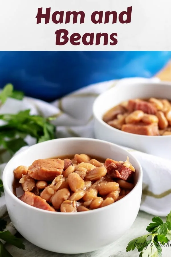Close-up shot of the ham and beans, served in two bowls.