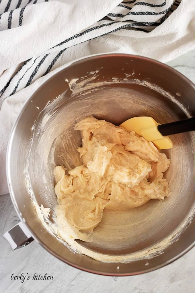 The cream cheese and sugar mixture has been whipped together.