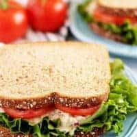 The finished sandwich, on whole wheat bread, with lettuce and tomato.