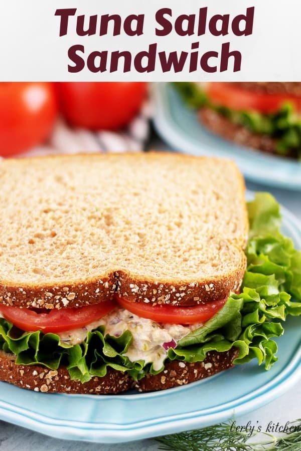 A simple tuna salad sandwich served on whole wheat bread.