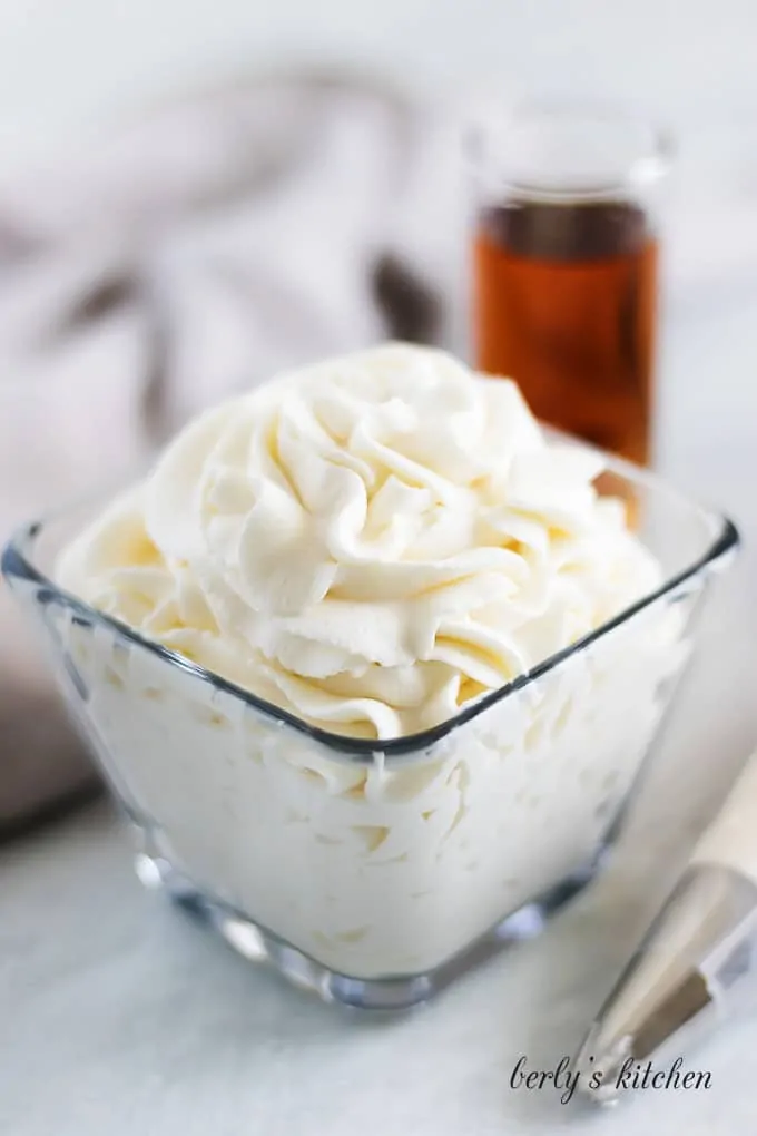 A close up shot of the finished amaretto whipped cream recipe.