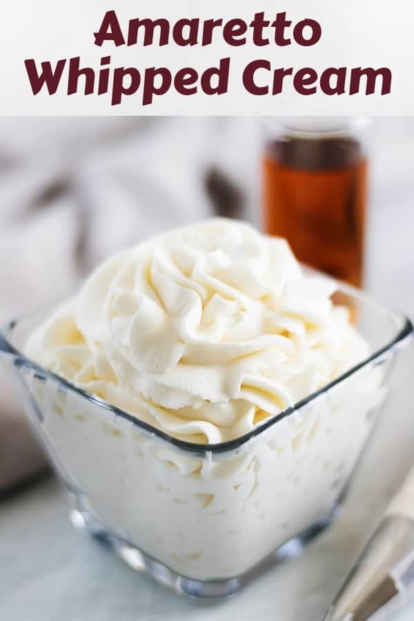 Large photo of the finished amaretto cream in a square glass bowl.