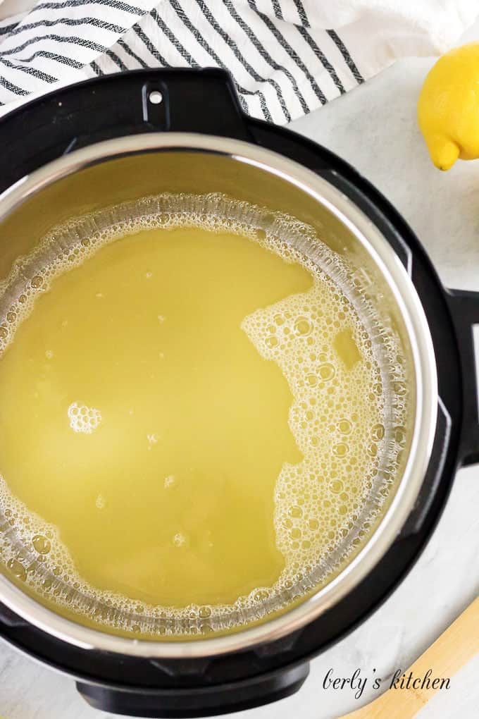 An aerial view of the lemonade sitting in the pressure cooker.