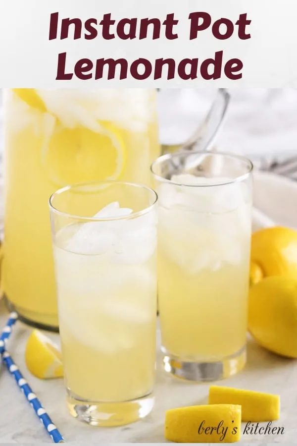 Instant Pot lemonade served in a pitcher with ice and lemon slices.