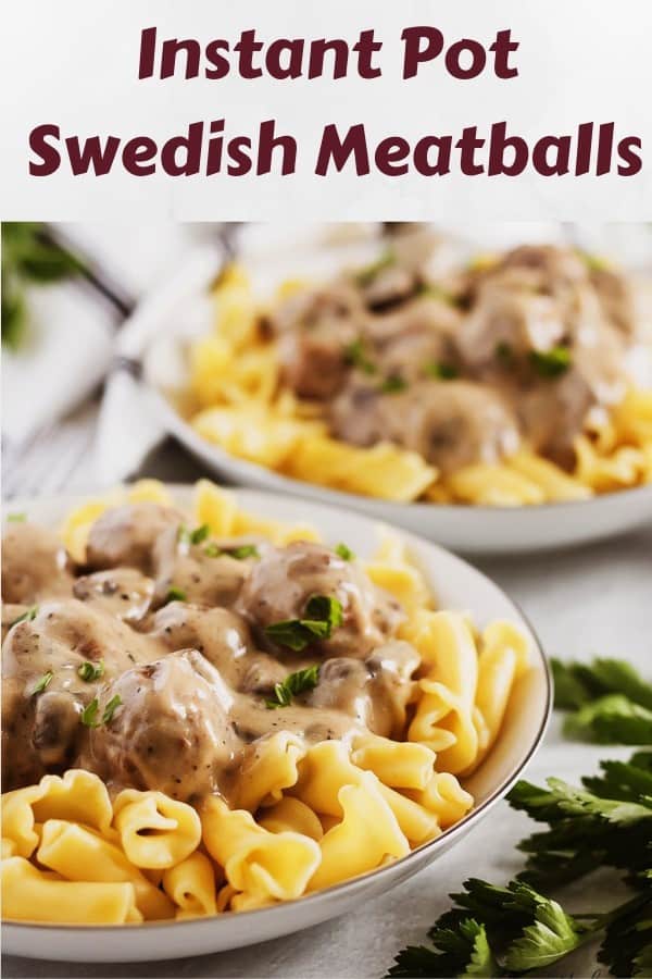 The swedish meatballs served over pasta noodles garnished with parsley.