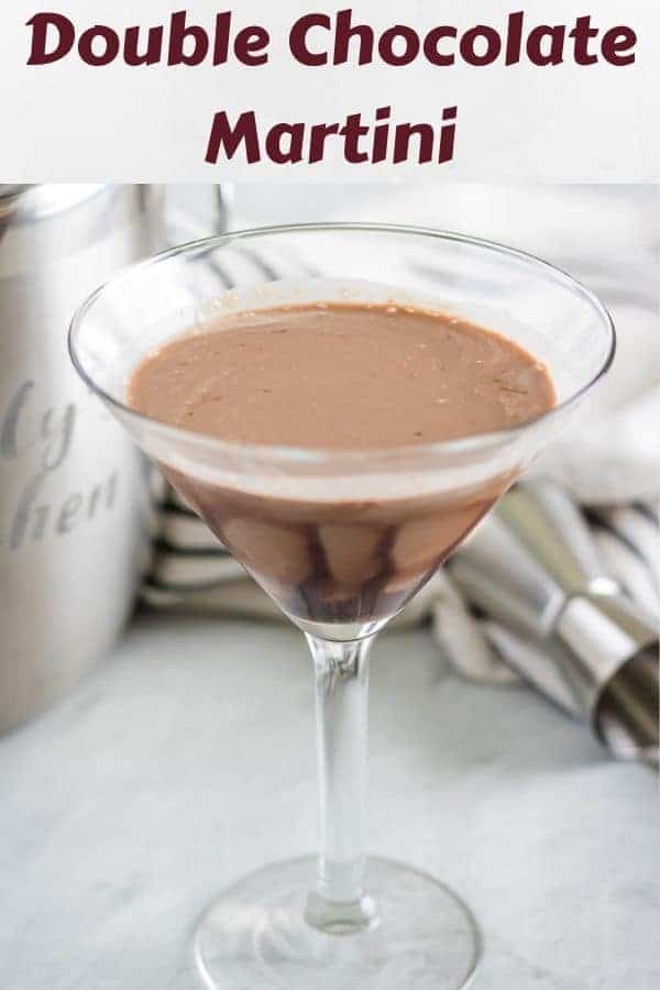A labeled photo of the double chocolate martini with a chocolate drizzle.