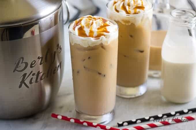 Two iced coffees with bailey's irish cream in large glasses.