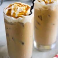 The finished iced coffees topped with caramel and whipped cream.