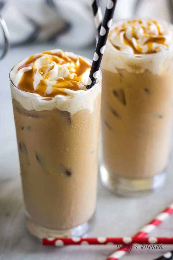 The finished iced coffees topped with caramel and whipped cream.