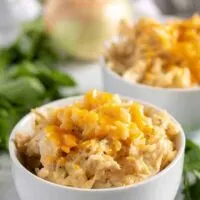 A large photo of the finished instant pot ranch chicken and rice.