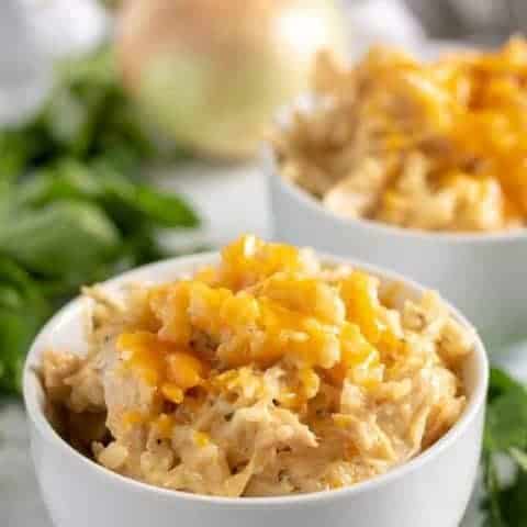 A large photo of the finished Instant Pot ranch chicken and rice.