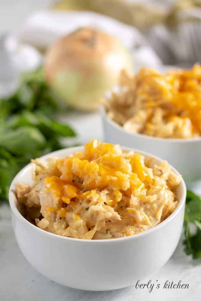 A large photo of the finished instant pot ranch chicken and rice.