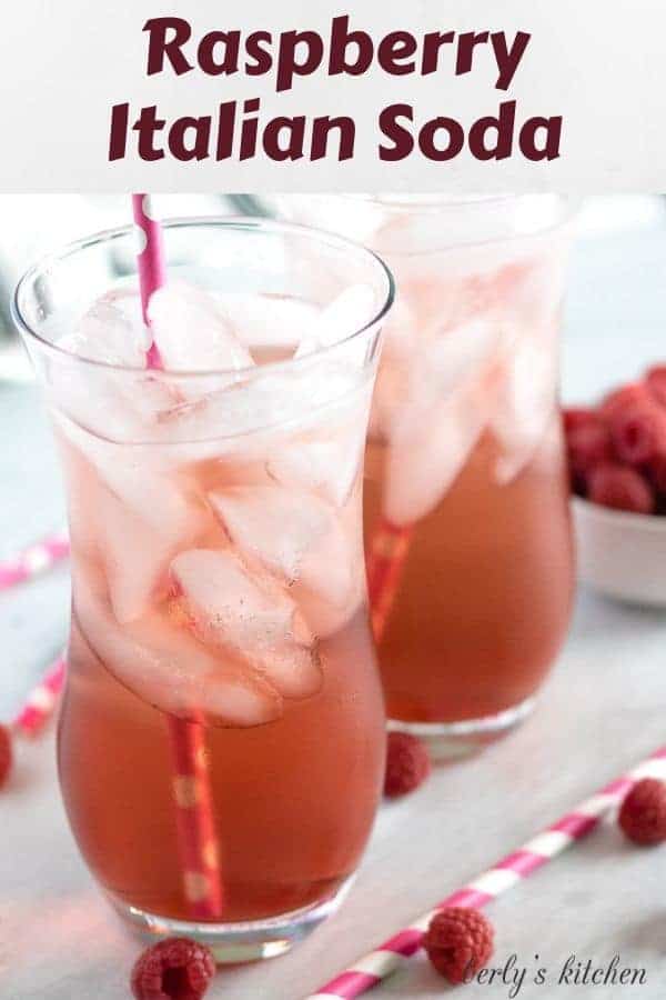 A labeled picture of two italian sodas with ice and colorful straws.