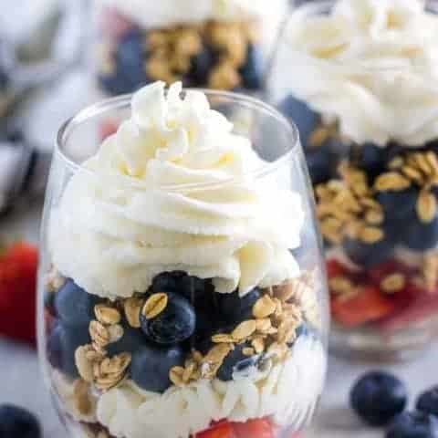 Strawberry Blueberry Fruit Parfaits Lastly, whipped cream has been added to complete the fruit parfaits.