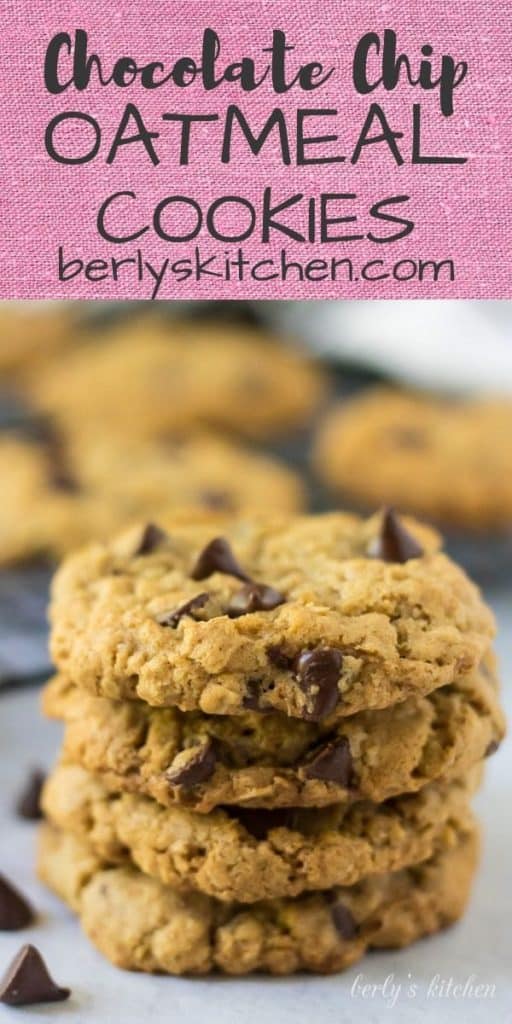 A large stack of the easy oatmeal chocolate chip cookies.