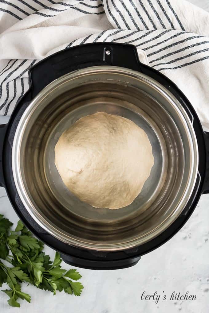 Ariel view of a ball of dough in the instant pot.