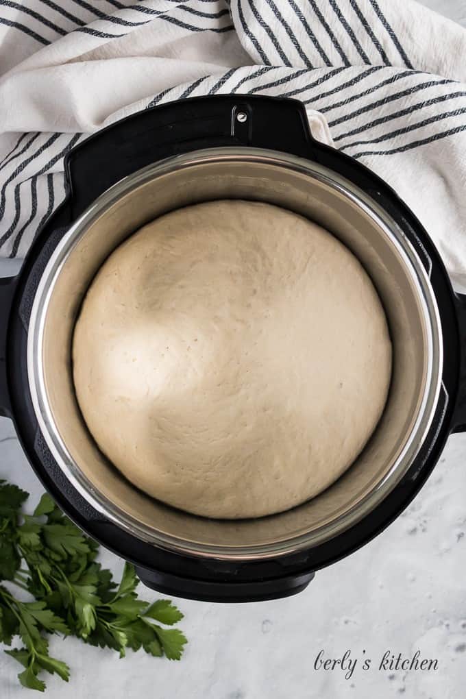 Ariel view of proofed dough in the instant pot.