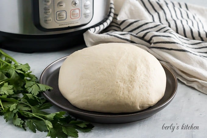 Fluffy bread dough on a gray plate.