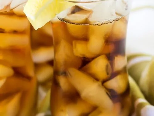 Glass of instant pot iced tea with lemon.