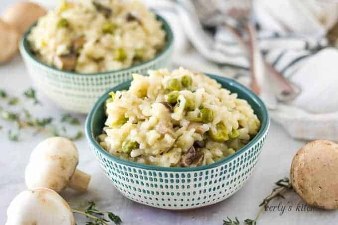 Two decorative bowls filled with our Instant Pot mushroom risotto.