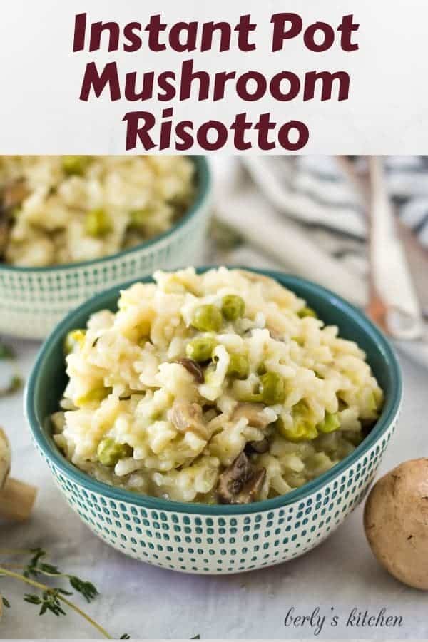 The Instant Pot mushroom risotto served in a green and white bowl.