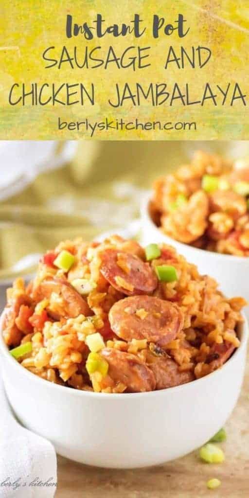 Instant pot sausage and chicken jambalaya used for pinterest.