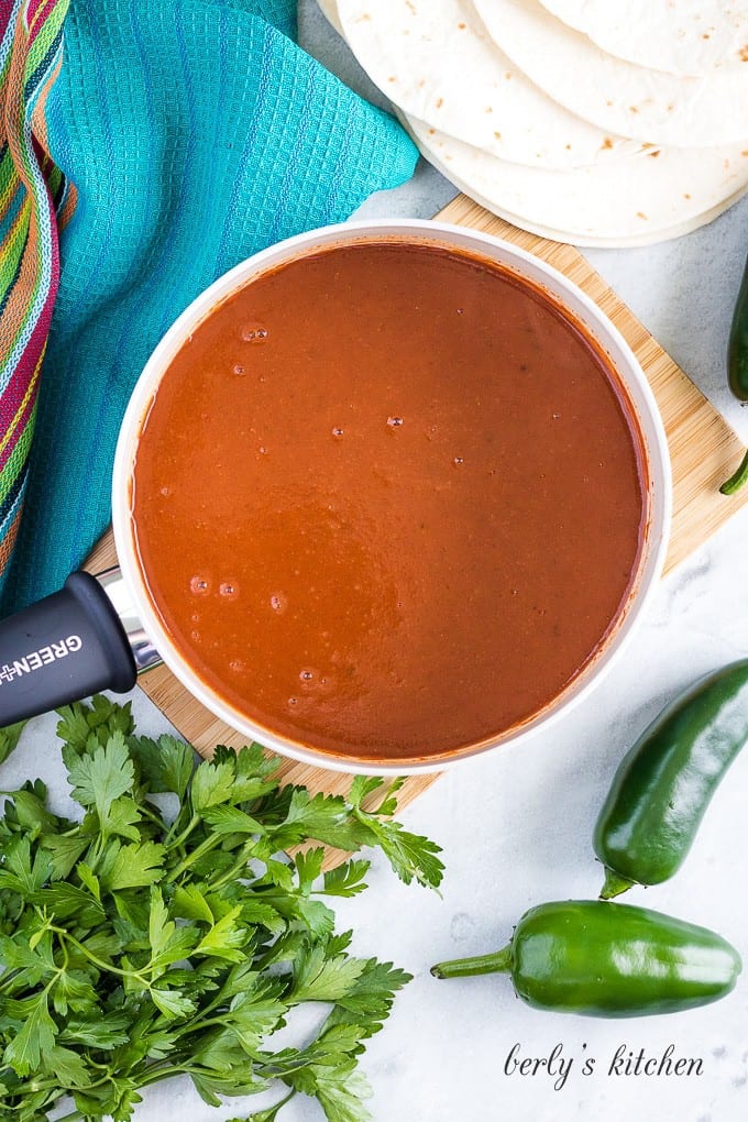 An aerial view of the mixed ingredients simmered in a saucepan.