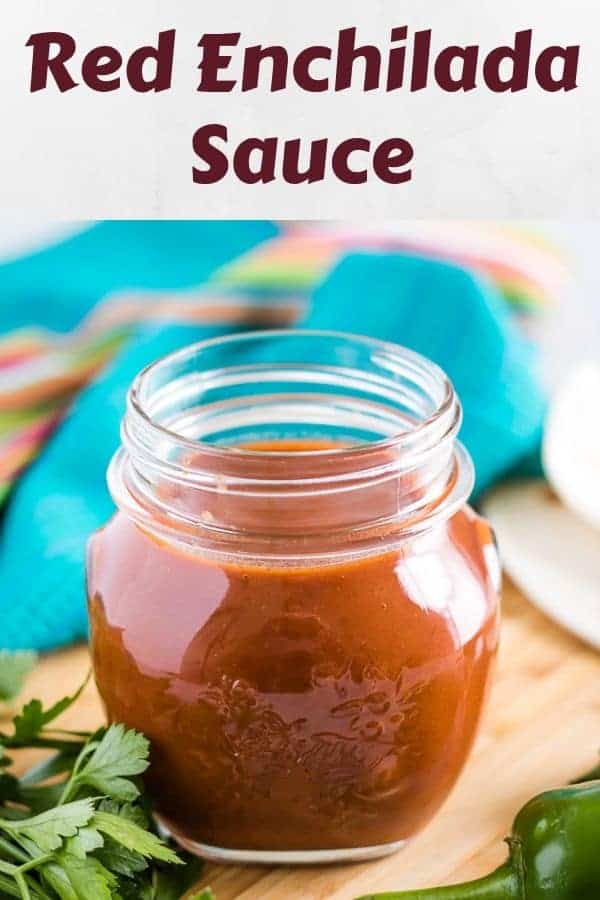 A labeled photo of the red enchilada sauce in a mason jar.