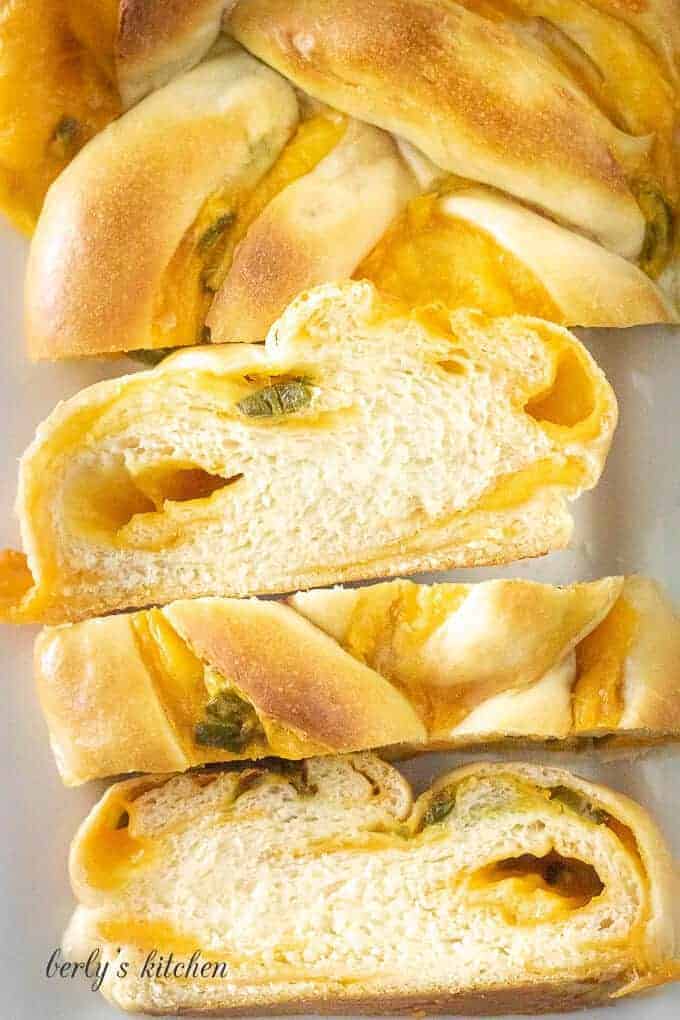 Ariel view of sliced jalapeno cheese braided bread.