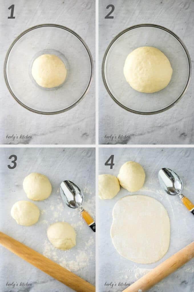 Collage photo of the first four steps of how to make cheesy braided bread.