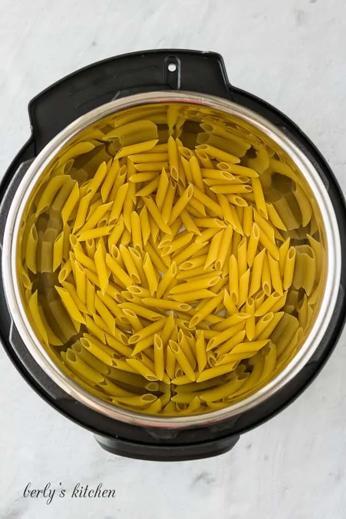 Dry noodles in the bottom of the pressure cooker liner.