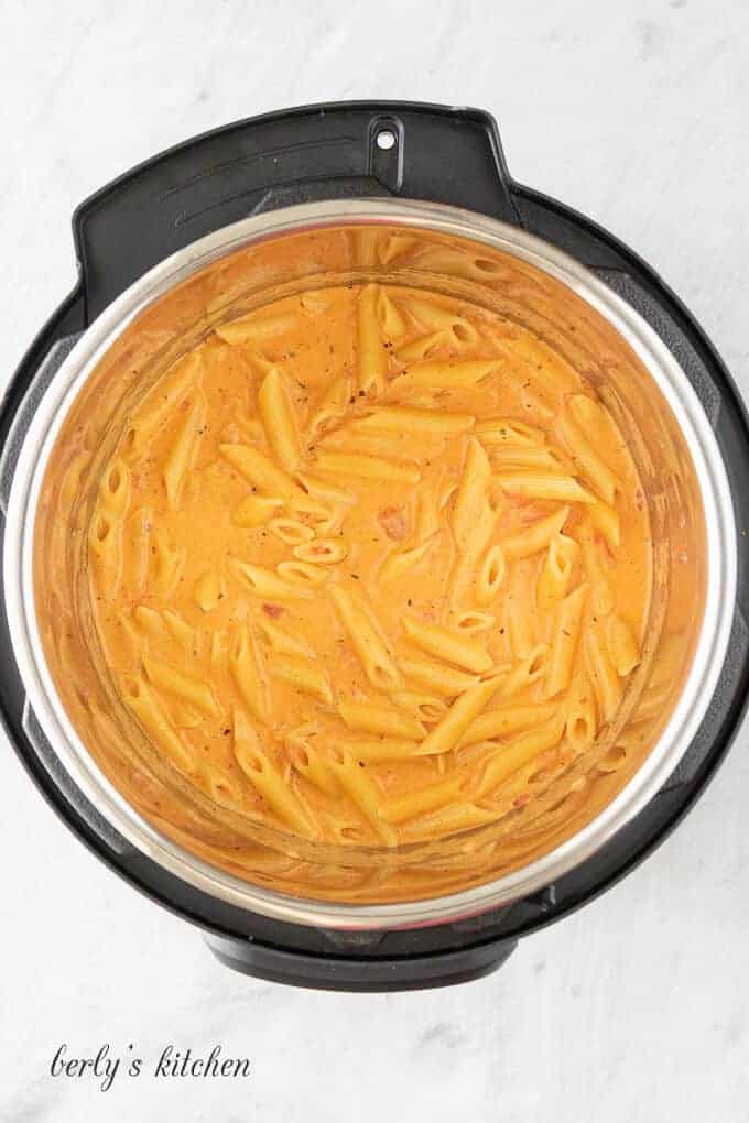 Instant pot creamy tomato pasta in the instant pot liner.